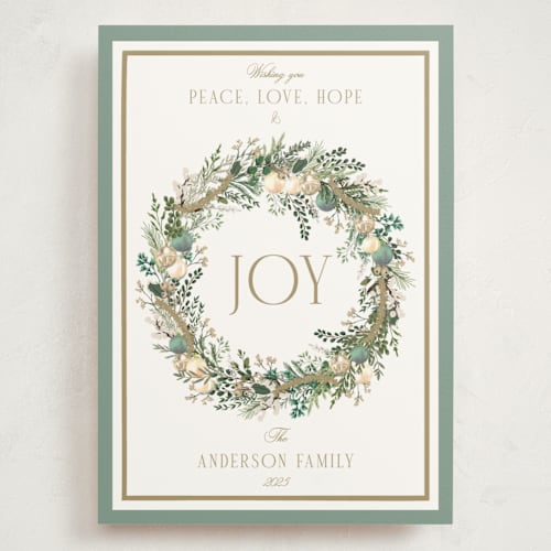 This is a wintermint holiday photo cards with standard by Susan Moyal called peace, love & hope printing on signature in grand