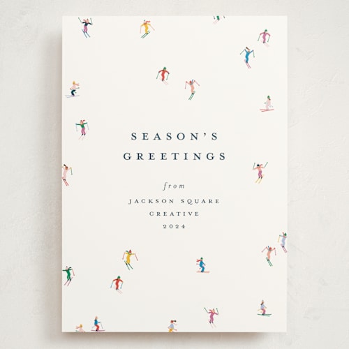 This is a multi holiday photo cards with standard by Ellen Schlegelmilch called festive skiers printing on signature in grand