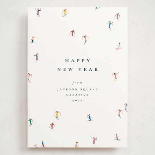 This is a multi holiday photo cards with standard by Ellen Schlegelmilch called festive skiers printing on signature in grand