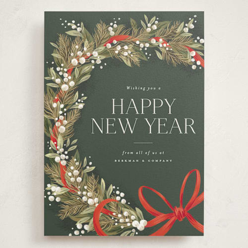 This is a forest holiday photo cards with standard by Jackie Crawford called festive side ribbon wreath printing on signature in grand
