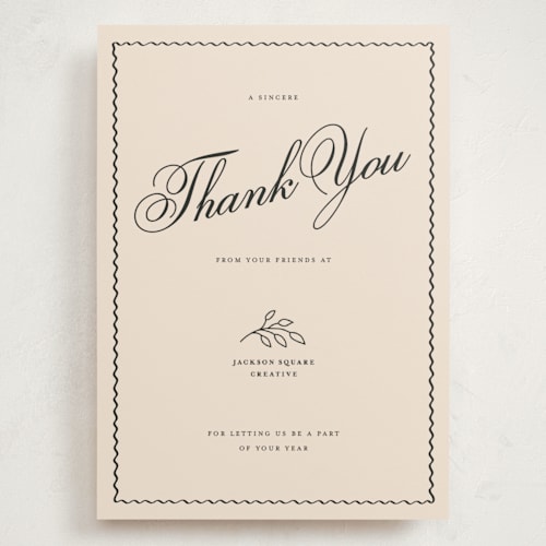 This is a cream holiday photo cards with standard by Rachel Cassel called sincerely thank you printing on signature in grand