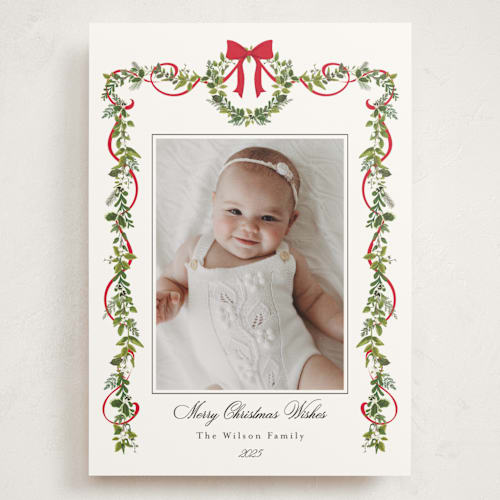 This is a candy cane holiday photo cards with standard by Susan Moyal called bows & ribbon printing on signature in grand