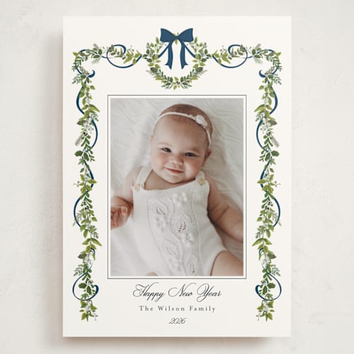 This is a winter berry holiday photo cards with standard by Susan Moyal called bows & ribbon printing on signature in grand