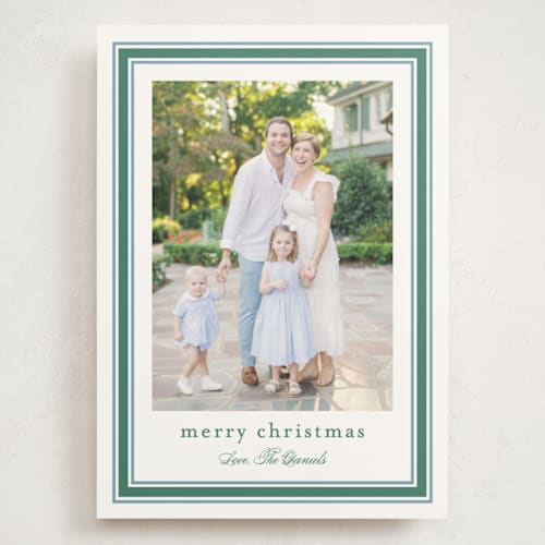 This is a spearmint holiday photo cards with standard by Carolyn MacLaren called preppy ribbon printing on signature in grand