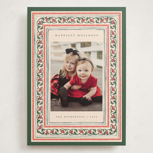 This is a caramel holiday photo cards with standard by Teju Reval called festive block print printing on signature in grand