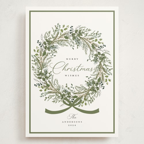 This is a pine holiday photo cards with standard by Susan Moyal called christmas bow printing on signature in grand