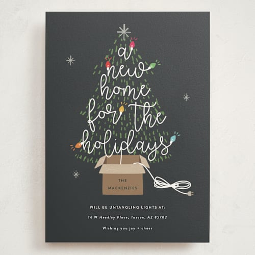 This is a charcoal holiday photo cards with standard by Corinne Malesic called twinkling new home printing on signature in grand