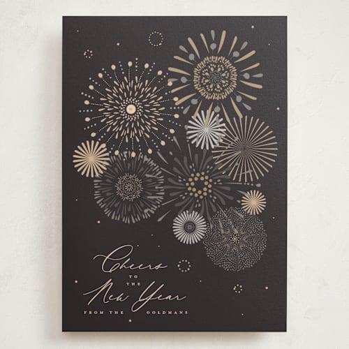 This is a midnight holiday photo cards with standard by Kamala Nahas called fancy fireworks printing on signature in grand