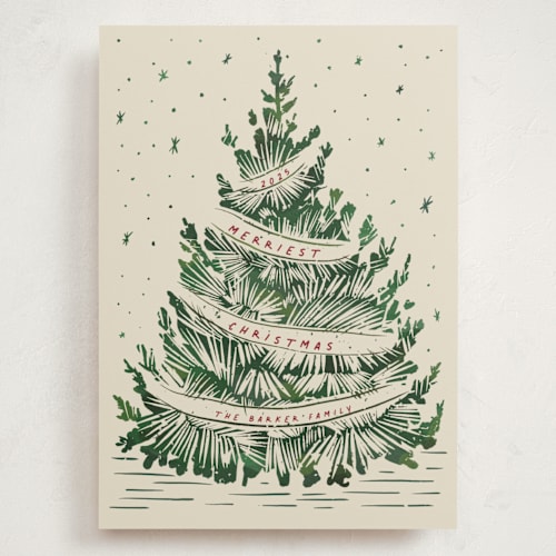 This is a cranberry holiday photo cards with standard by Paula Pecevich called woodcut christmas printing on signature in grand