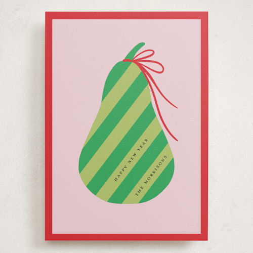 This is a pear holiday photo cards with standard by mo kelley called pear printing on signature in grand
