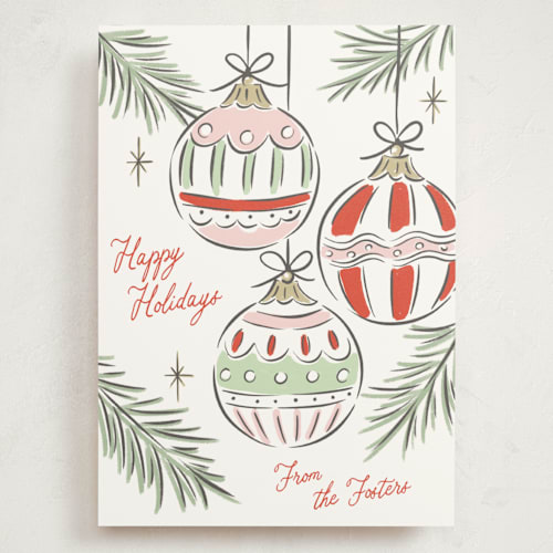 This is a festive holiday photo cards with standard by Erin German called bright ornaments printing on signature in grand
