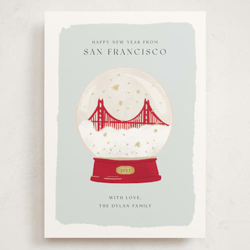 This is a winter holiday photo cards with standard by Laura Bercovich called golden gate globe printing on signature in grand