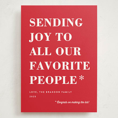 This is a candy apple holiday photo cards with standard by Amy Payne called you made the list printing on signature in grand