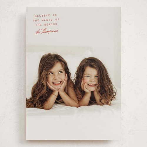 This is a cranberry holiday photo cards with standard by Heather Schertzer called believe printing on signature in grand