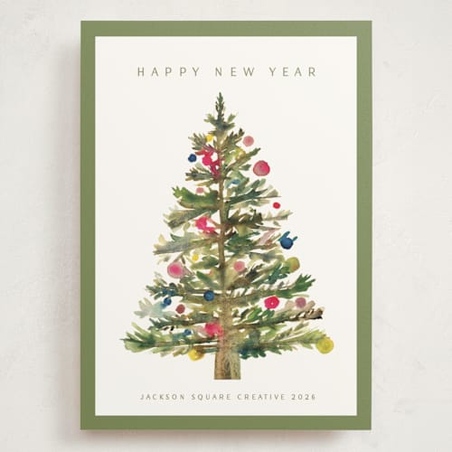 This is a sage holiday photo cards with standard by Nicole Walsh called watercolor tree printing on signature in grand