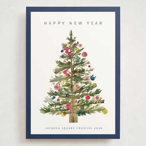 This is a navy holiday photo cards with standard by Nicole Walsh called watercolor tree printing on signature in grand