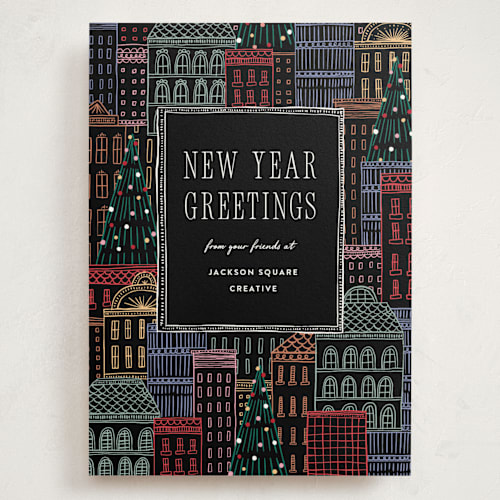 This is a eclipse holiday photo cards with standard by Pixel and Hank called holiday city printing on signature in grand