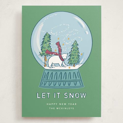This is a spearmint holiday photo cards with standard by Lauren Jinhee called snow globe printing on signature in grand