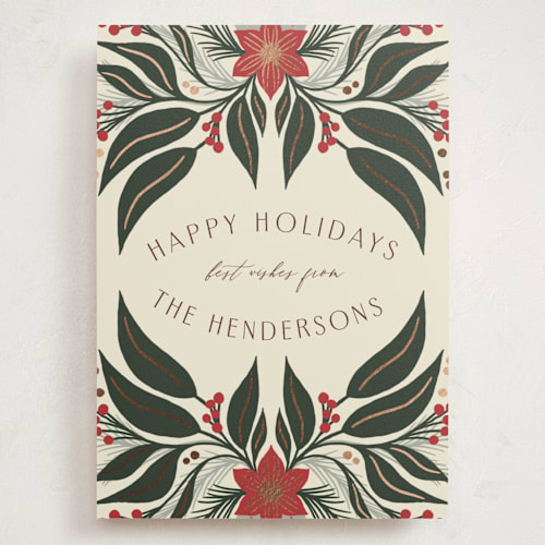 This is a vanilla holiday photo cards with standard by Katharine Watson called bold foliage printing on signature in grand