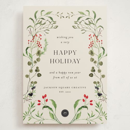 This is a eucalyptus holiday photo cards with standard by Sarah Knight called botanical garden printing on signature in grand