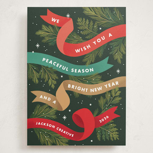 This is a pine holiday photo cards with standard by Paper Raven Co. called ribbon box printing on signature in grand