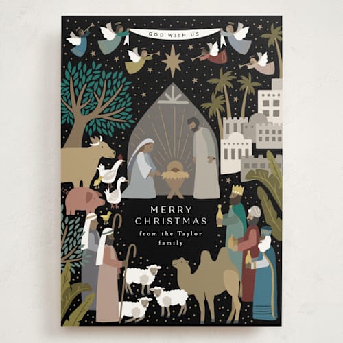 This is a midnight holiday photo cards with standard by Alethea and Ruth called god with us nativity printing on signature in grand