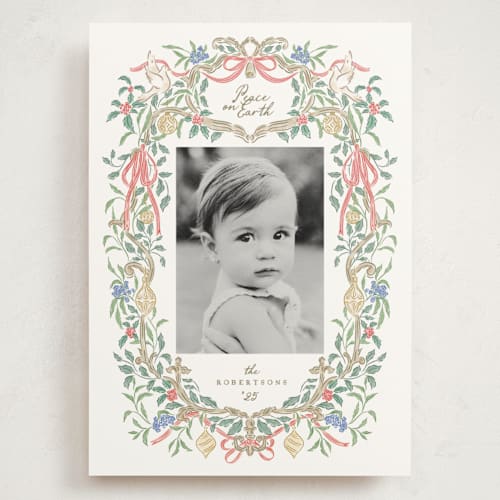This is a cherry wood holiday photo cards with standard by Grae called a court of peace printing on signature in grand