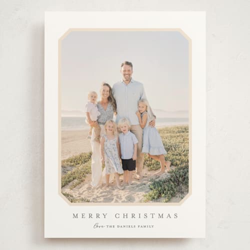 This is a buttercream holiday photo cards with standard by Carolyn MacLaren called vintage bevel printing on signature in grand