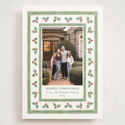 This is a snow holiday photo cards with standard by Lauren Jopling called holly berry frame printing on signature in grand