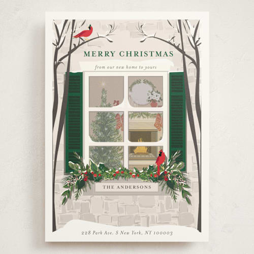 This is a pine holiday photo cards with standard by Susan Moyal called holiday window printing on signature in grand