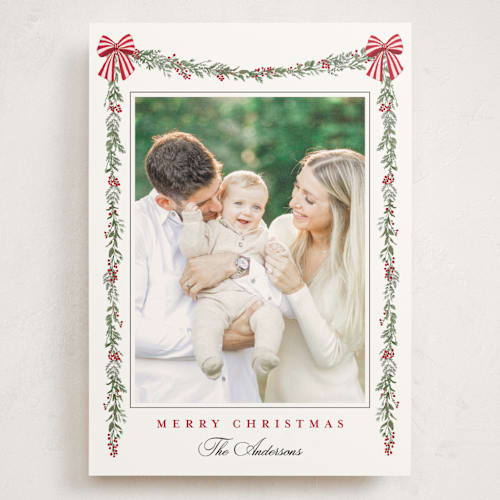 This is a candy cane holiday photo cards with standard by Susan Moyal called holly & bows printing on signature in grand