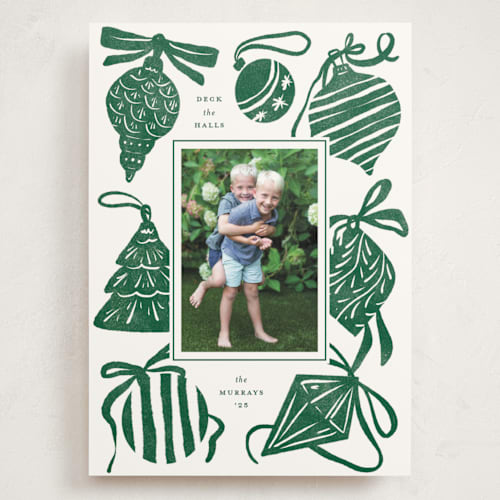 This is a fir holiday photo cards with standard by Corinne Malesic called bauble & bow printing on signature in grand