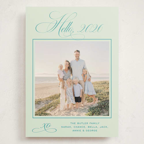 This is a mint holiday photo cards with standard by Megan Davis called julep printing on signature in grand