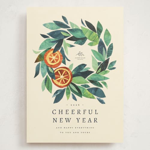 This is a crème holiday photo cards with standard by Anastasia Makarova called paper orange wreath printing on signature in grand