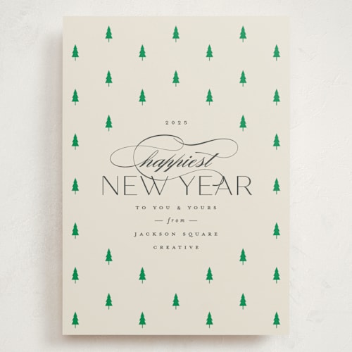 This is a ivory holiday photo cards with standard by Carolyn Nicks called joyful trees printing on signature in grand