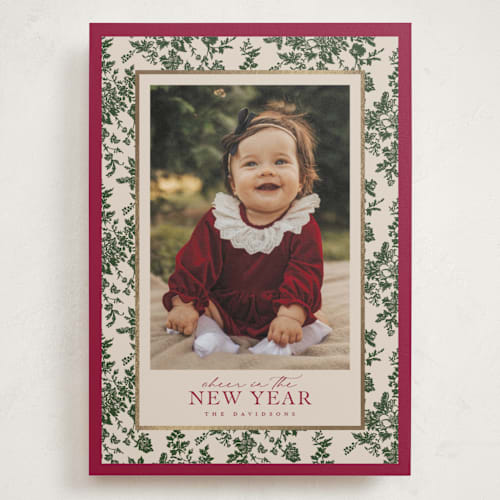 This is a holly berry foil stamped holiday cards with foil pressed by Jenna Holcomb called merry floral toile printing on signature in grand