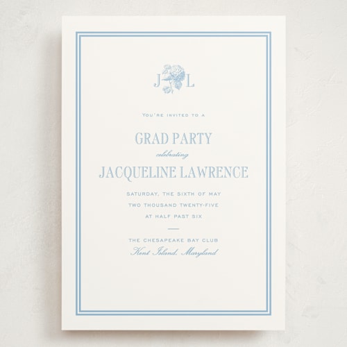 This is a sky blue graduation invitations with standard by Megan Davis called cheseapeake printing on signature in grand