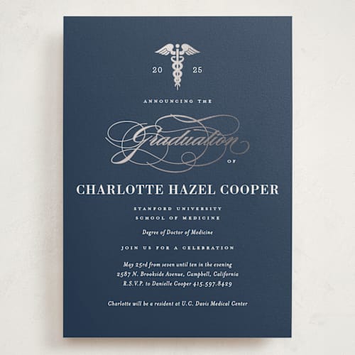 This is a navy graduation invitations with foil pressed by Jill Means called medical degree printing on signature in grand