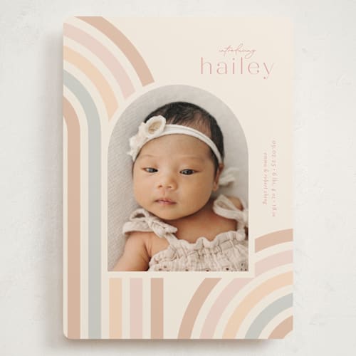 This is a taupe grand birth announcements with standard by Ashley Iwafuchi called mod rainbow arch printing on recycled smooth signature in grand