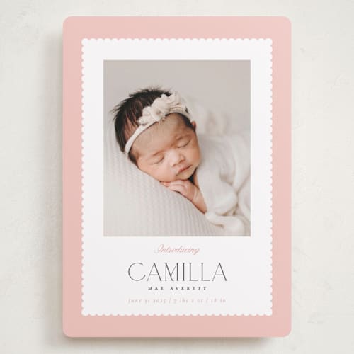 This is a rose grand birth announcements with standard by Robert and Stella called sweet scallop printing on smooth signature in grand