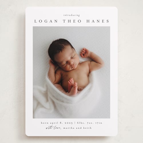 This is a sugar grand birth announcements with standard by Chris Griffith called frame of happiness printing on recycled smooth signature in grand