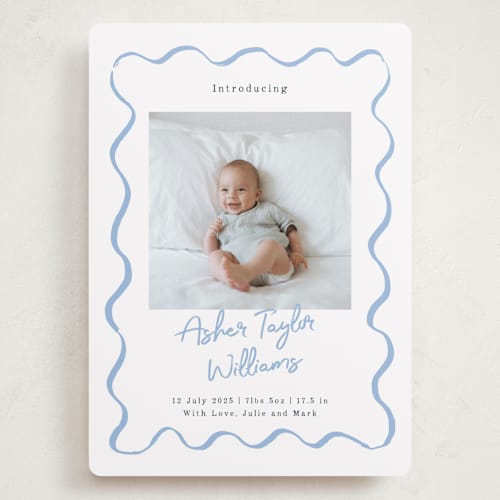 This is a dusty blue grand birth announcements with standard by Cass Loh called handdrawn wavy frame printing on smooth signature in grand