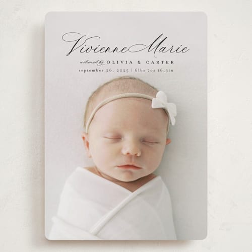 This is a noir grand birth announcements with standard by Ashlee Townsend called enchanted love printing on recycled smooth signature in grand