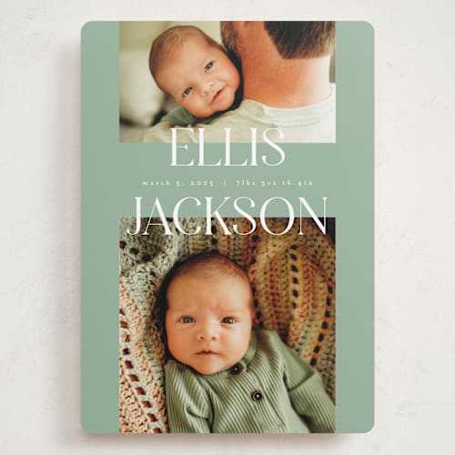 This is a aloe grand birth announcements with standard by Pixel and Hank called double time printing on recycled smooth signature in grand