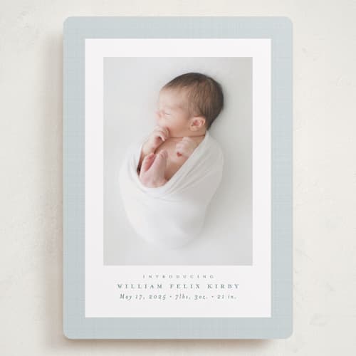 This is a powder grand birth announcements with standard by Lea Delaveris called linen frame printing on smooth signature in grand