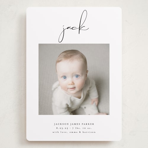 This is a midnight grand birth announcements with standard by Lehan Veenker called just me printing on smooth signature in grand