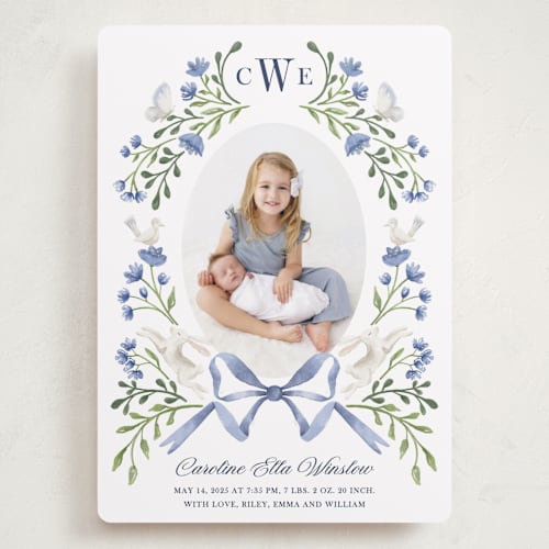 This is a bluebell grand birth announcements with standard by Alice Nelen called floral forest friends printing on recycled smooth signature in grand