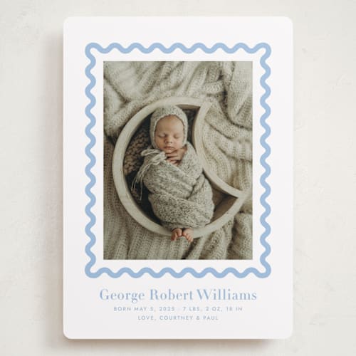 This is a bluebell grand birth announcements with standard by Megan Davis called ric rac printing on smooth signature in grand