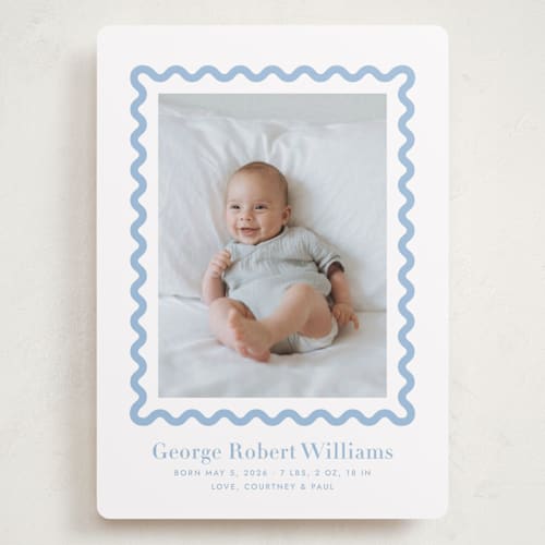 This is a bluebell grand birth announcements with standard by Megan Davis called ric rac printing on recycled smooth signature in grand