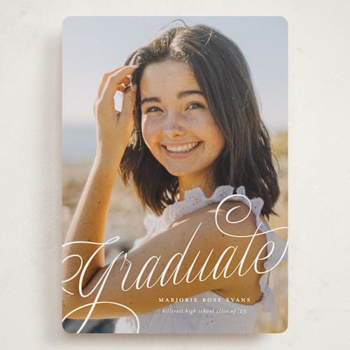 This is a cotton graduation announcements with standard by Carmia Jordaan called swooping printing on recycled smooth signature in grand